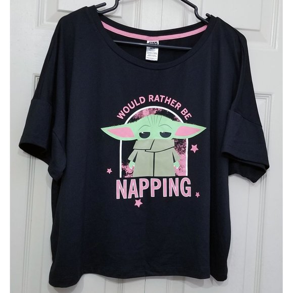 Mandalorian Grogu Napping Black Pink Sleep Lounge Crop Top Pajamas Star Wars - Picture 1 of 2